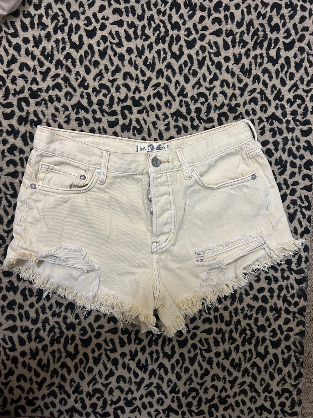 We The Free Cream Frayed Hem Distressed Denim Shorts